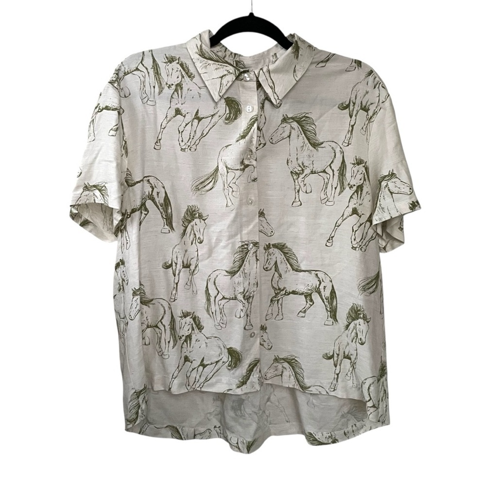 Jane and Delancey Cream Horse Print Linen Blend Button Front Blouse Large